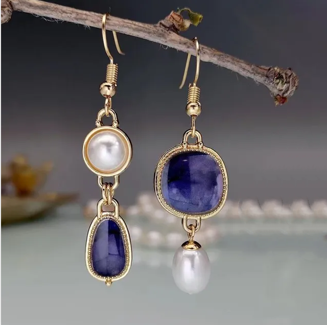 Earrings with Pearl and Blue Vintage Stone