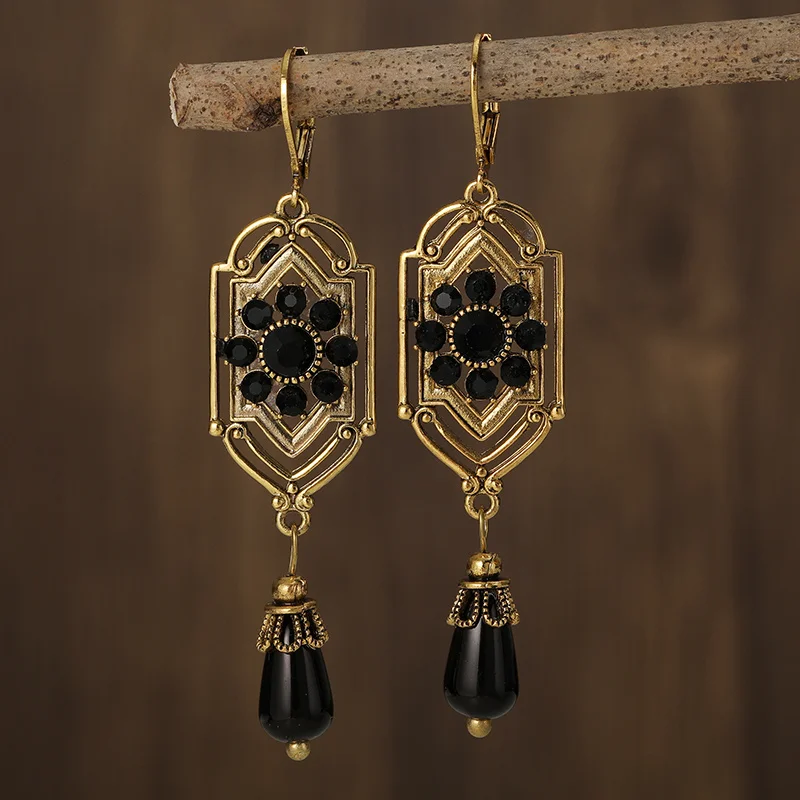 Vintage Earrings with Black Crystals Pendants