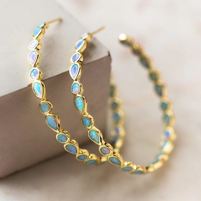 Golden Hoop Earrings with Vintage Blue Opal